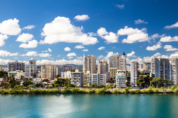 High-rise buildings from Condado Beach San Juan, Puerto Rico - obrazy, fototapety, plakaty
