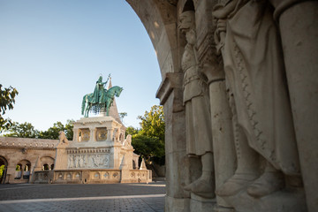 Budapest, Hungary - The famous Fisherman's Bastion at sunrise with statue of King Stephen I and...