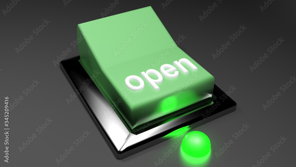 Poster green switch open with green led on on black desk - 3d rendering illustration