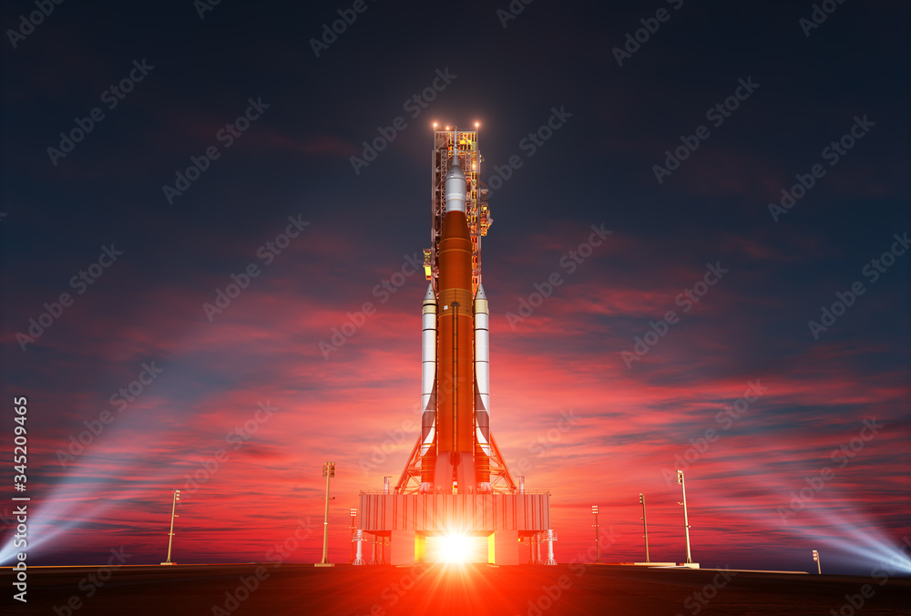 Sticker space launch system on launchpad over background of sunrise