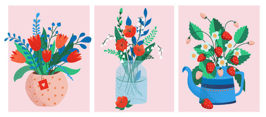 flower bouquets in wrapping and blooming plant. poppies and lilies, strawberry. tulip composition. Decorative florist shop item. © Наталья Пшеничная