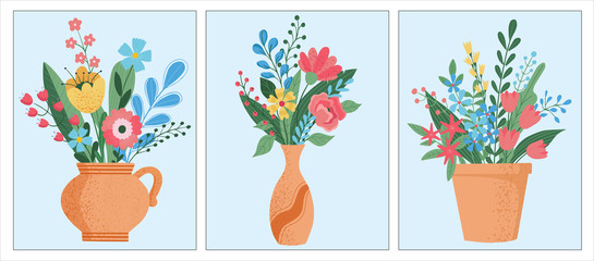 Set of flower bouquets in wrapping and blooming plant in clay or plastic flowerpots. Tulip and bud composition. Decorative florist shop item on blue background