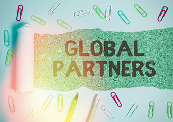 Writing note showing Global Partners. Business concept for Two or more firms from different countries work as a team
