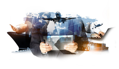 Double exposure of man with world map for logistic network distribution on background and Logistics...