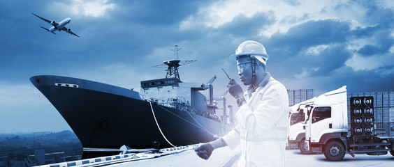 Double exposure of businessman with logistic network background and Container Cargo freight ship...