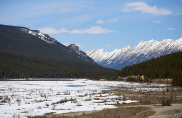 Snowy scenery along the Icefields Parkway that connects Banff National Park to Jasper National Park in Canada