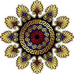 Traditional vintage gold and red circle Greek ornament and floral pattern on white background