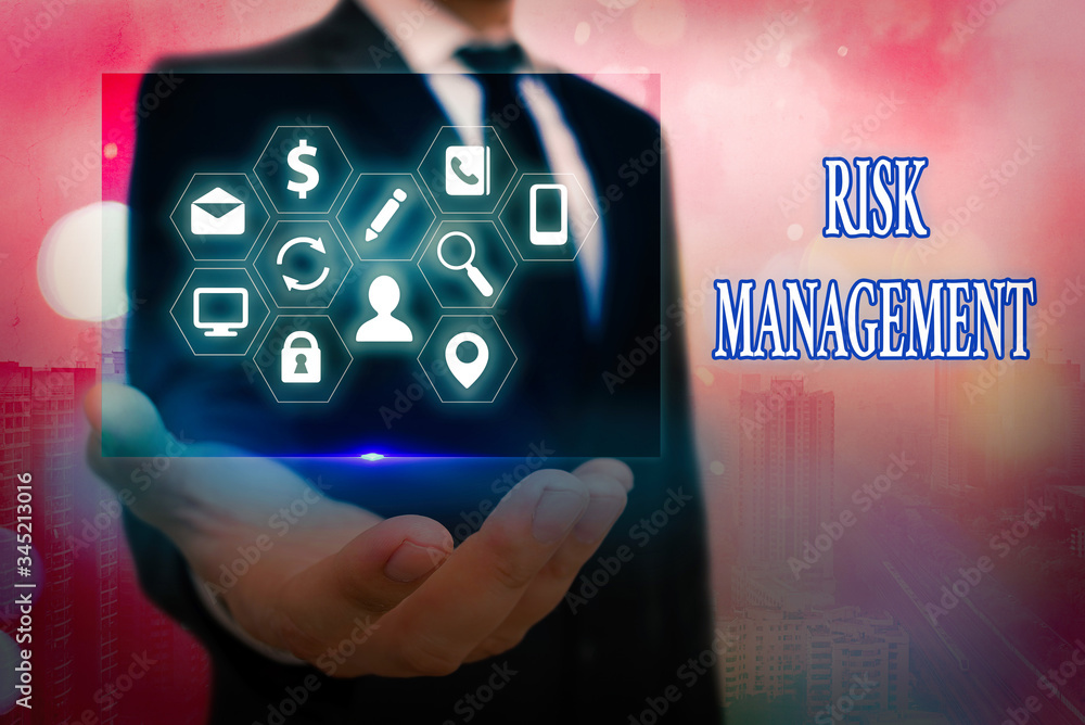 Poster text sign showing risk management. business photo text evaluation of financial hazards or problems w