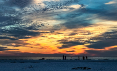 sunset on the beach, sea, sky, ocean, beach, water, clouds, horizon, blue, orange, yellow