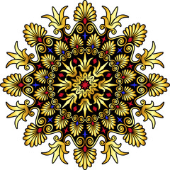 Traditional vintage gold and red circle Greek ornament and floral pattern on white background