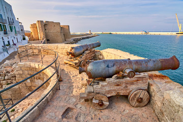 Fototapeta na wymiar Two Medieval Defense Cannons and Turret In Front Of Castle Carlo V in beautiful Monopoli - Apulia - Puglia - Italy