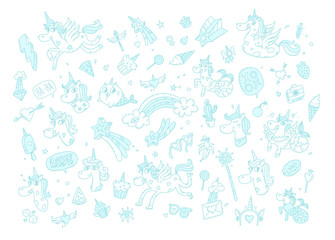 Illustrations of magical unicorns. Vector. Cartoon horse world. Cat Mermaid. Kawaii characters. Mythical creatures with accessories. Pattern of images for children's products. Drawing for fabric.