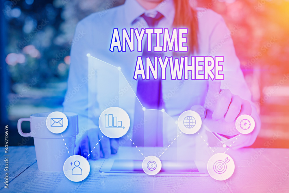 Poster handwriting text anytime anywhere. conceptual photo saying that you can do something at every place 