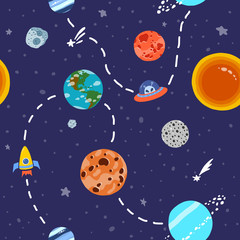 Space pattern with planets and stars. Bright 