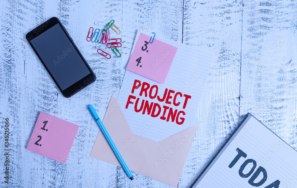 Poster handwriting text project funding. conceptual photo paying for start up in order make it bigger and s