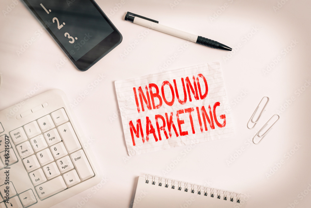 Poster writing note showing inbound marketing. business concept for process of attracting the attention of 