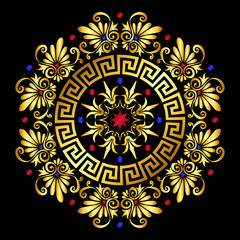 Traditional vintage gold and red circle Greek ornament and floral pattern on black background