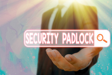 Conceptual hand writing showing Security Padlock. Concept meaning hardened steel body and double...