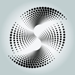 Black shape with halftone dots in circle form. Geometric art. Trendy design element for frame, logo, tattoo, sign, symbol, web, prints, posters, template, pattern and abstract background