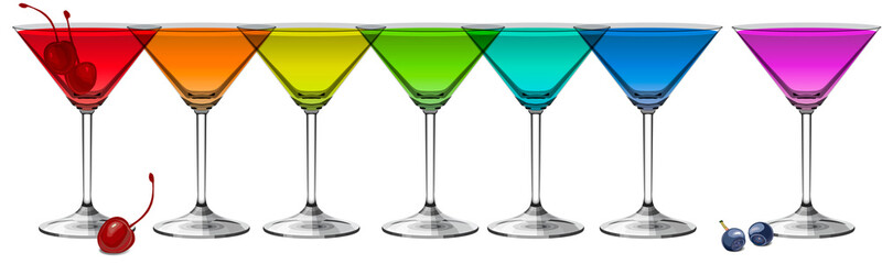 Multicolored cocktails on white background panoramic vector illustration