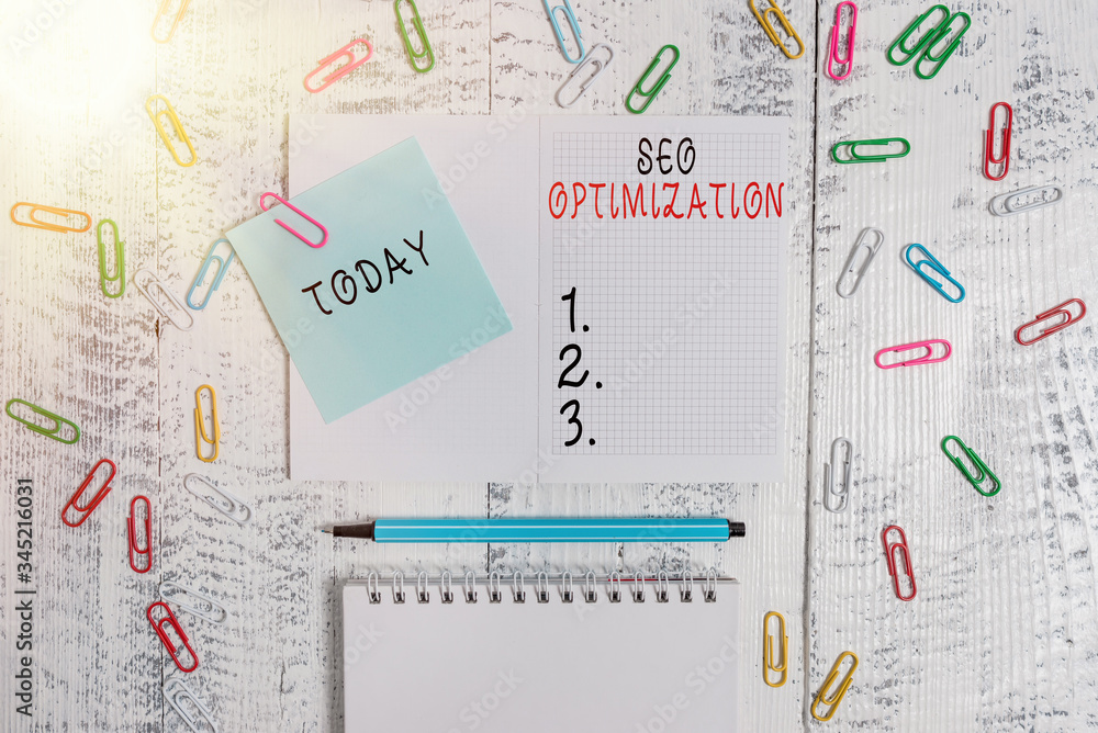 Poster handwriting text writing seo optimization. conceptual photo process of affecting online visibility o