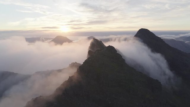Aerial shot of Sgurr nan Gillean in Cuillins in Scotland during sunrise