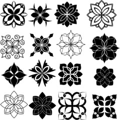vector clip art of mandalas and flowers elements set in black color on white background.