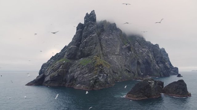 Aerial shot of Boreray, St Kilda Scotland during sunset