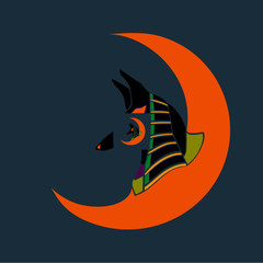 egyptian dog Anubis with orange moon