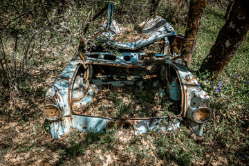 Abandoned vandalized car hidden in the woods of Southern Oregon