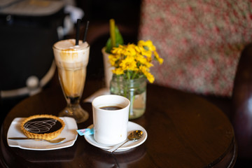 Coffee set on wooden table 