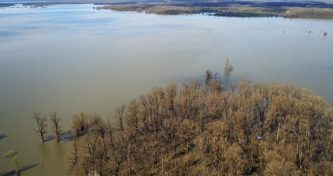 Aerial footage of flooded floodplain in Lonjsko polje, Croatia