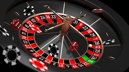Roulette wheel with flying casino chips and dice. 3D illustration