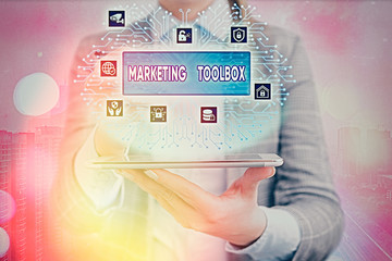 Conceptual hand writing showing Marketing Toolbox. Concept meaning Means in promoting a product or services Automation