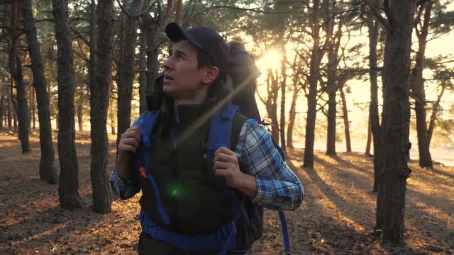 man tourist is walking through the woods lifestyle with a backpack on a hike. concept travel tourism adventure overcoming difficulties. male hiker walking go through the wild forest pine forest sunset
