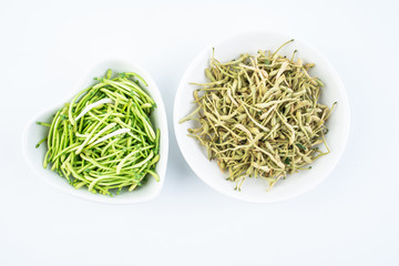 Dried honeysuckle and fresh honeysuckle buds