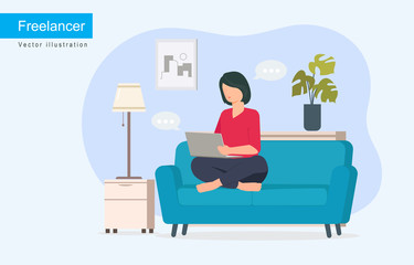 Women with laptop on the sofa. Freelance or studying concept. Cute illustration in flat style.