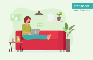 Women with laptop on the sofa. Freelance or studying concept. Cute illustration in flat style.