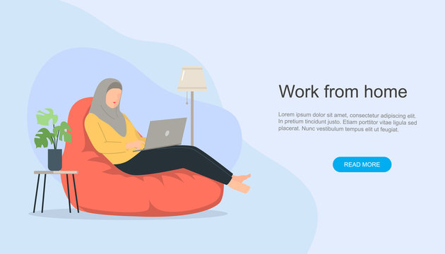 Women With Hijab Working At Home Office. Character Sitting At Bean Bag. Online Education Or Work From Home Concept. Vector Illustration.