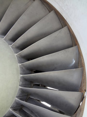 Close up of turbine and fan blades of a fighter jet engine