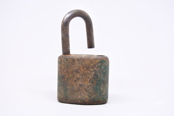 old and rusty padlock on white background
