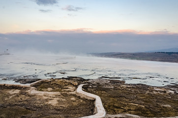 winter landscape with fog in pamukkale