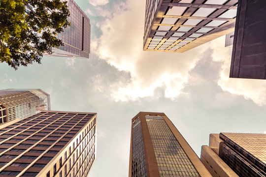 Low Angle View Of Skyscrapers In Financial District Of Singapore