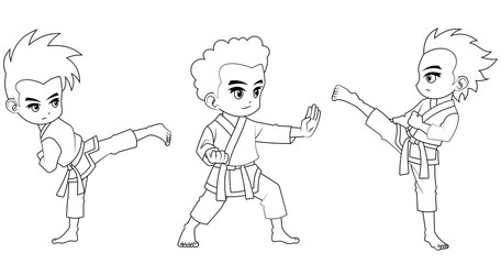 Collection of cartoon karate kid used for coloring book 