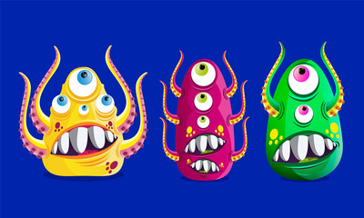  collection of monsters ,Set of cute kind smiling animated monsters isolated extraterrestres  on white background. Vector cartoon close-up illustration.