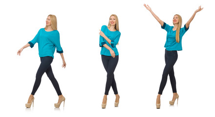 Woman in blue shirt isolated on white