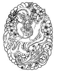 hand drawn Dragon tattoo ,coloring book japanese style.Japanese old dragon for tattoo. Traditional Asian tattoo the old dragon vector.