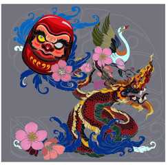hand drawn doll Daruma and Dragon tattoo ,coloring book japanese style.Japanese old dragon for tattoo. Lucky animal for Chinese new year.Illustration of Traditional chinese Dragon