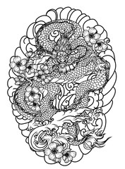 Obraz premium hand drawn Dragon tattoo ,coloring book japanese style.Japanese old dragon for tattoo. Traditional Asian tattoo the old dragon vector.