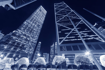 High rise modern office buildings in Hong Kong city at night